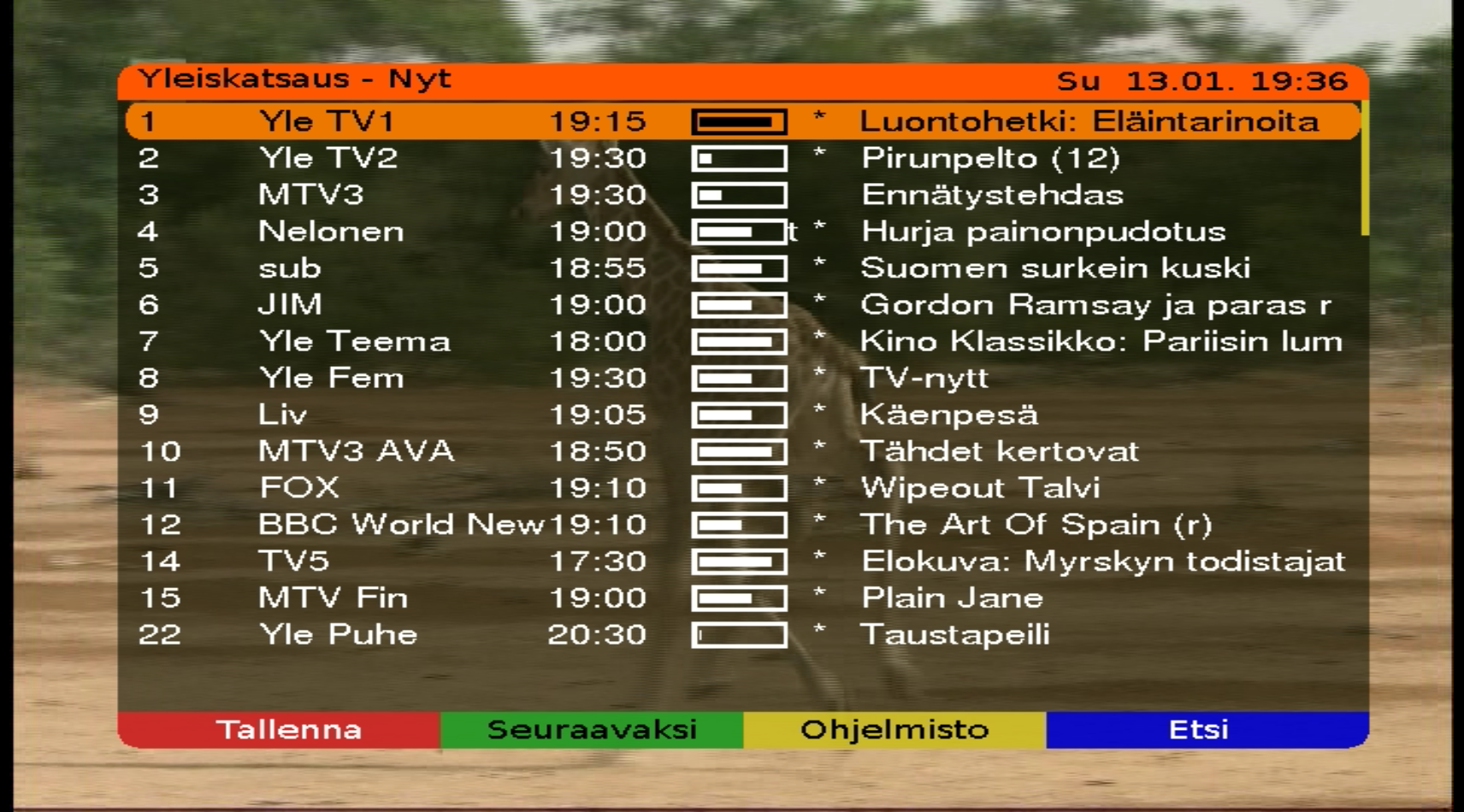 galleryimage:Tällä hetkellä meneillään olevat ohjelmat erikanavilla.