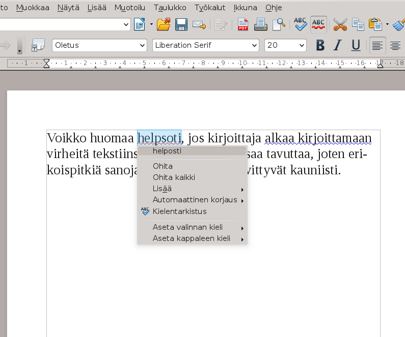 galleryimage:Voikko käytössä LibreOfficewriterissa