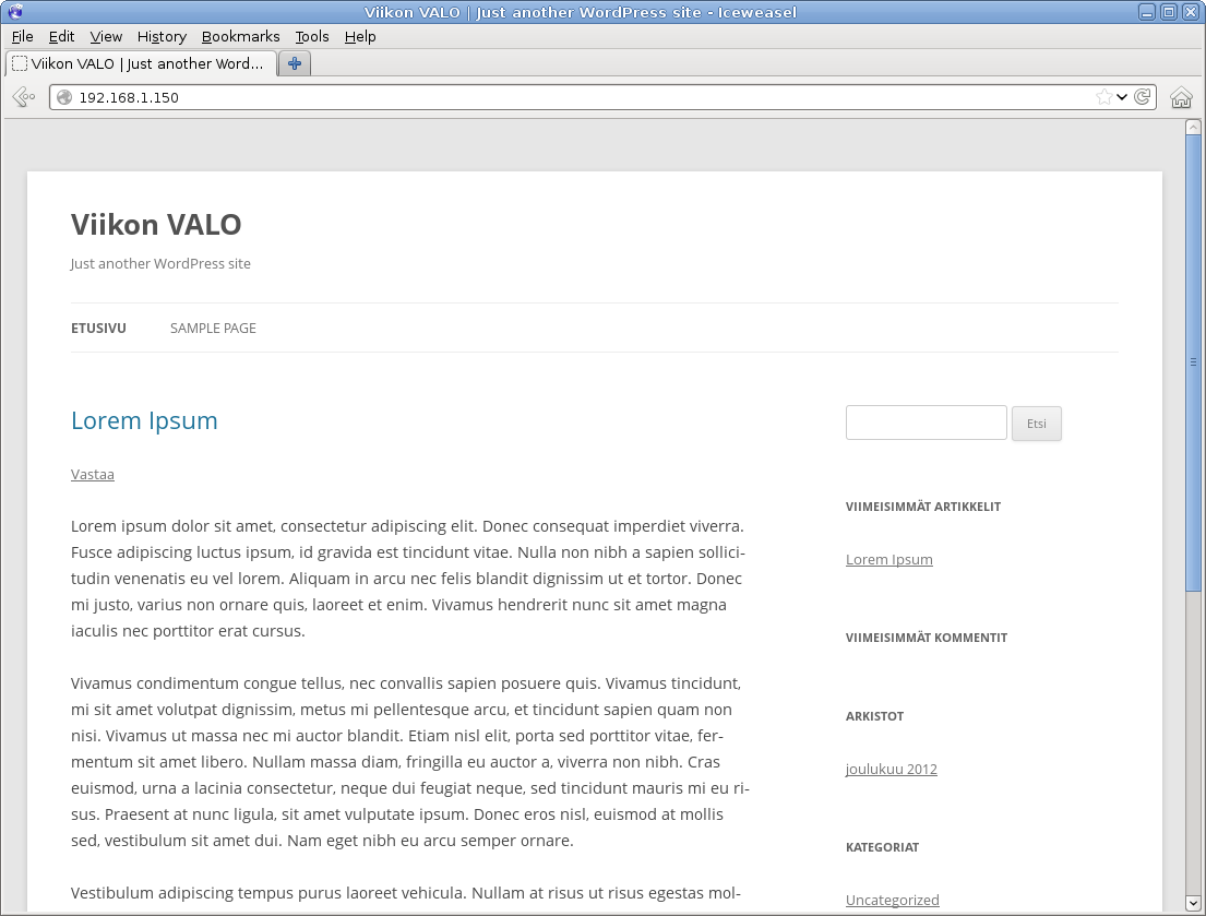 galleryimage:WordPressin oletusteemalla luotunettisivu.
