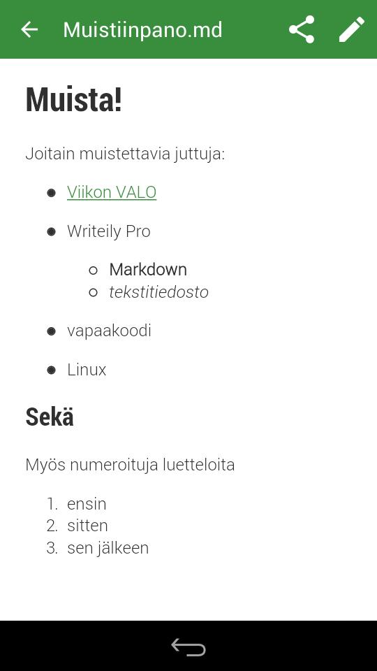 galleryimage:Lukutilassa Markdown-merkinnät näytetään otsikkoina,luetteloina ja niinedelleen.