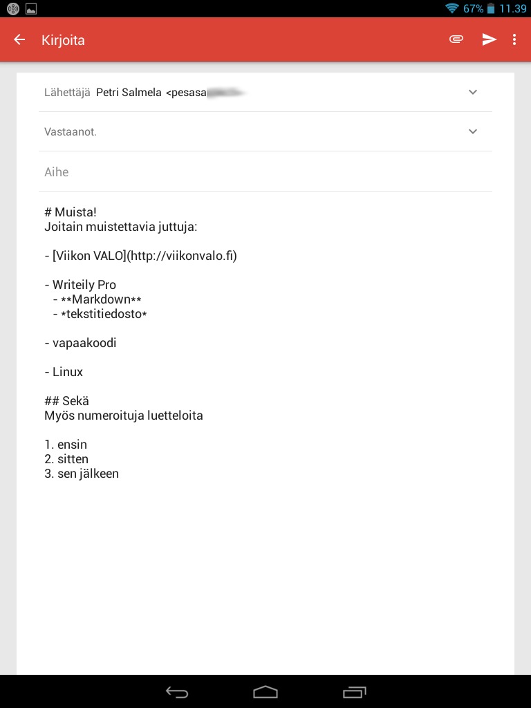 galleryimage:Tiedoston lähetys puhtaana Markdown-tekstinäsähköpostissa.